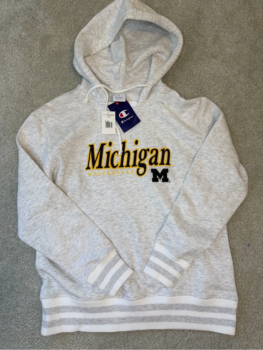 Vintage Champion Light Gray Michigan Hoodie with Yellow and Black Embroidery